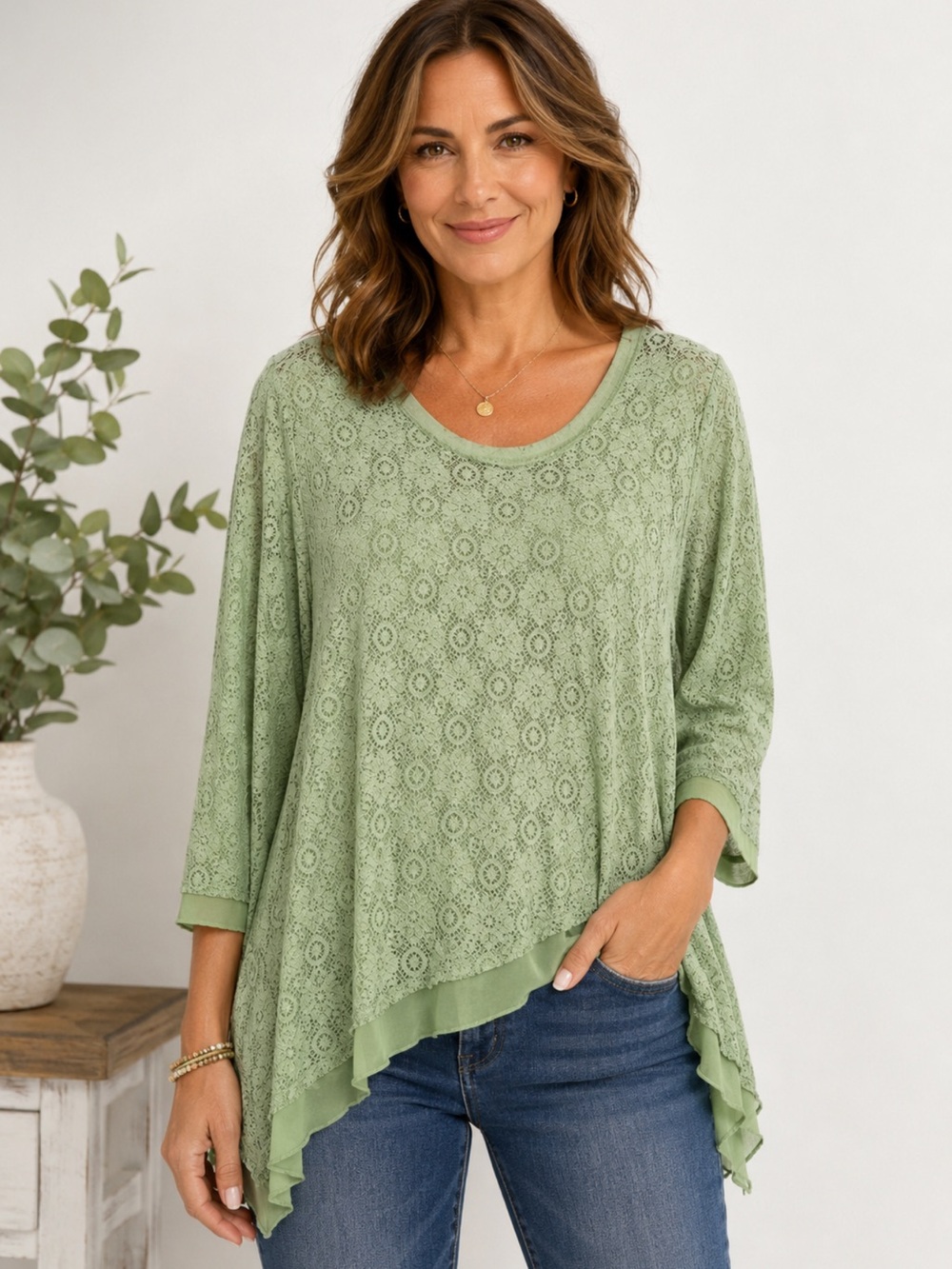 Jess & Jane jacquard lace tunic top studded mint green Xl